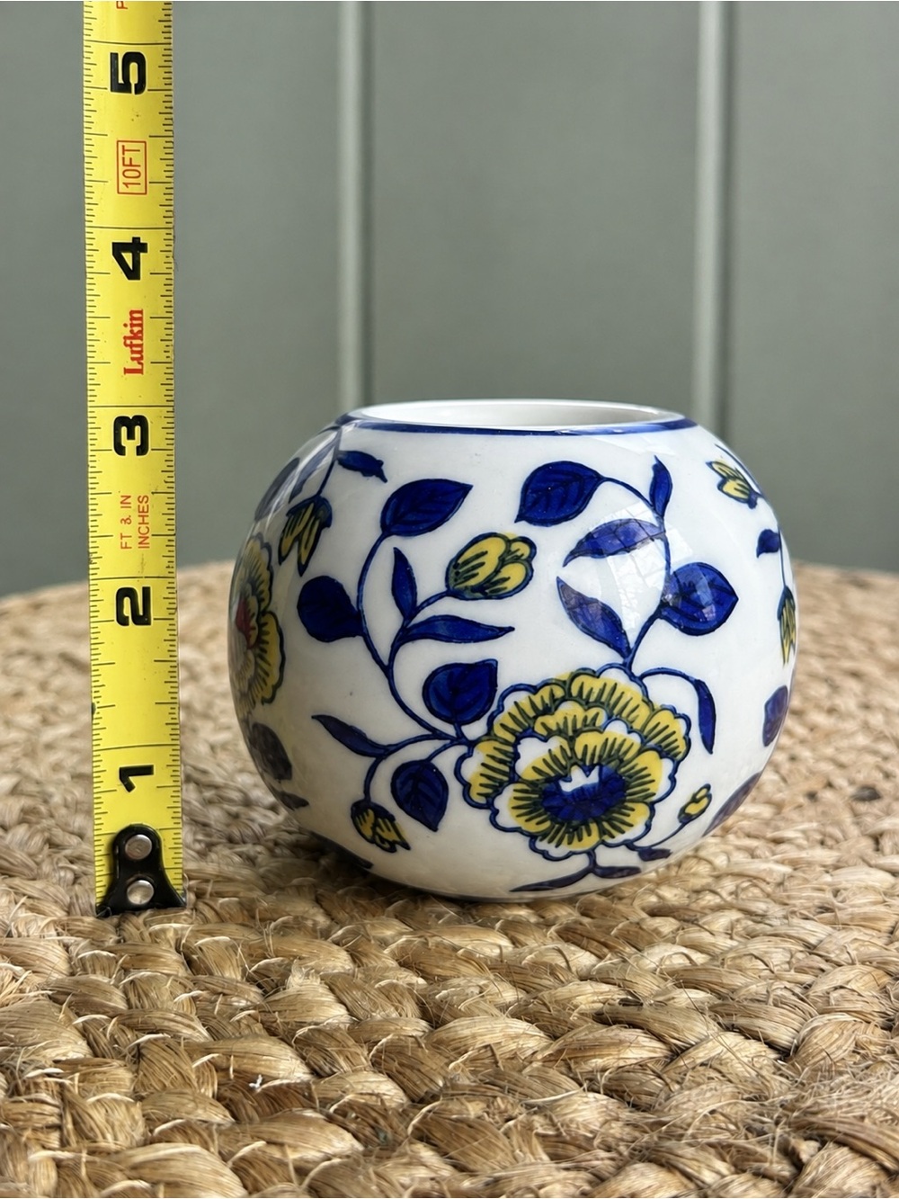 Blue White Yellow Floral Porcelain Vessel Chinoiserie Ceramic Decor 4 Inch - Picture 2 of 4
